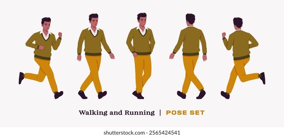 Handsome dark skin businessman walk, run pose set. Guy in v-neck pullover, knit sweater for modern office casual look, authentic pakistani indian male model. Vector flat style cartoon illustration