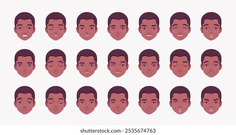 Handsome dark skin guy, young businessman emotion set, consultant manager, confident employer, millennial entrepreneur bundle portrait. Face icons, facial expression feature pic. Vector illustration