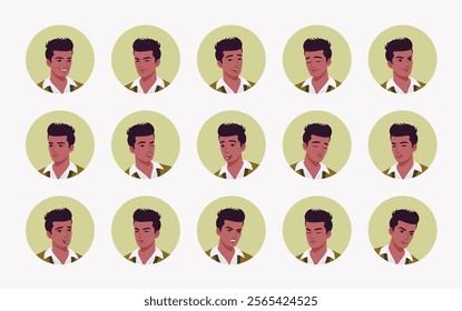 Handsome dark skin guy, young Indian boy male avatar confident portrait set, leader, manager bundle. Different feelings face emotion icons, player character mood, user pic circles. Vector illustration