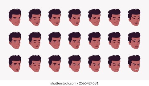 Handsome dark skin guy, young Indian boy businessman emotion set, consultant manager, confident employer, student entrepreneur bundle portrait. Face icons, facial expression pic. Vector illustration