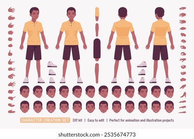 Handsome dark skin man DIY character creation set. Confident guy wearing polo shirt, shorts, body figure parts. Head, leg, hand gestures, different emotions, construction kit. Vector illustration