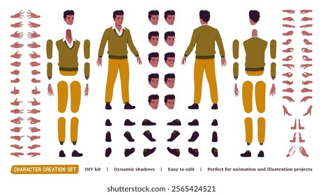 Handsome dark skin man DIY character creation set. Office casual look, athentic pakistani indian body figure parts. Head, leg, hand gestures, different emotions, construction kit. Vector illustration