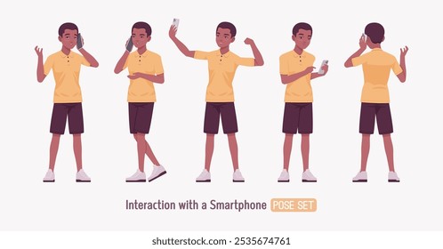 Handsome dark skin man wearing classic polo shirt set, smartphone using pose. Confident relaxed guy in traditional modern appearance and casual look for sports, business occasion. Vector illustration