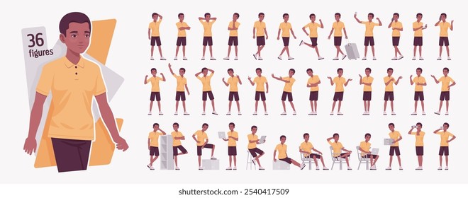 Handsome dark skin man young active character set, relaxed life bundle. Confident active boy wearing polo shirt, shorts, freelancer in co-working informal comfortable poses, relax. Vector illustration