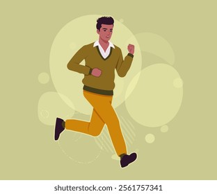 Handsome dark skin young businessman confident run pose. Guy in sweater modern casual look, authentic pakistani indian male model. Vector flat style cartoon illustration on creative background color