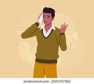 Handsome dark skin young businessman phone talk pose. Guy in sweater modern casual look, authentic pakistani indian male model. Vector flat style cartoon illustration on creative background color