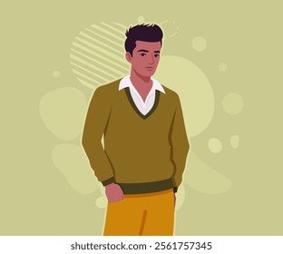 Handsome dark skin young businessman confident life pose. Guy in sweater modern casual look, authentic pakistani indian male model. Vector flat style cartoon illustration on creative background color