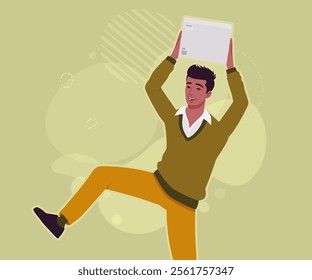 Handsome dark skin young businessman head box carry fun. Guy in sweater modern casual look, authentic pakistani indian male model. Vector flat style cartoon illustration, creative background color