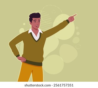 Handsome dark skin young businessman finger point pose. Guy in sweater modern casual look, authentic pakistani indian male model. Vector flat style cartoon illustration on creative background color