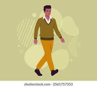 Handsome dark skin young businessman confident walk pose. Guy in sweater modern casual look, authentic pakistani indian male model. Vector flat style cartoon illustration on creative background color