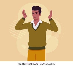 Handsome dark skin young businessman asking why pose. Guy in sweater modern casual look, authentic pakistani indian male model. Vector flat style cartoon illustration on creative background color