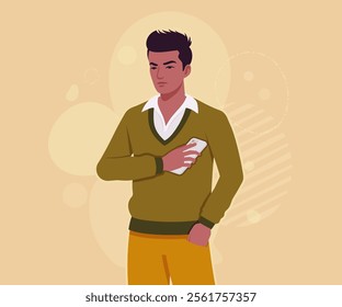 Handsome dark skin young businessman smartphone hold pose. Guy in sweater modern casual look, authentic pakistani indian male model. Vector flat style cartoon illustration on creative background color