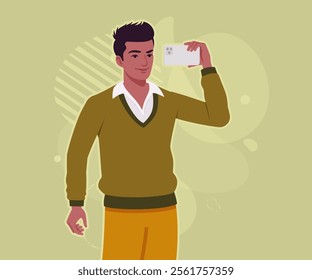 Handsome dark skin young businessman selfie phone pose. Guy in sweater modern casual look, authentic pakistani indian male model. Vector flat style cartoon illustration on creative background color