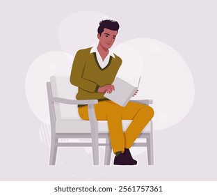 Handsome dark skin young businessman book reading pose. Guy in sweater modern casual look, authentic pakistani indian male model. Vector flat style cartoon illustration on creative background color