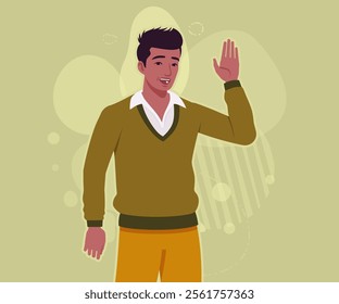 Handsome dark skin young businessman confident hello pose. Guy in sweater modern casual look, authentic pakistani indian male model. Vector flat style cartoon illustration on creative background color