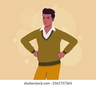 Handsome dark skin young businessman angry confident pose. Guy in sweater modern casual look, authentic pakistani indian male model. Vector flat style cartoon illustration on creative background color