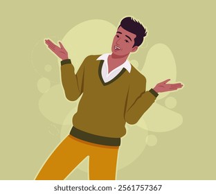 Handsome dark skin young businessman wonder, surprise pose. Guy in sweater modern casual look, authentic pakistani indian male model. Vector flat style cartoon illustration, creative background color