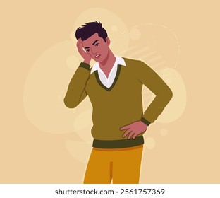 Handsome dark skin young businessman worry, headache pose. Guy in sweater modern casual look, authentic pakistani indian male model. Vector flat style cartoon illustration on creative background color