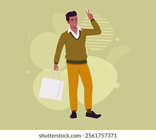 Handsome dark skin young businessman shopping bag carry pose. Guy in sweater modern casual look authentic pakistani indian male model. Vector flat style cartoon illustration, creative background color