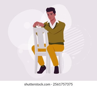 Handsome dark skin young businessman chair sitting pose. Guy in sweater modern casual look, authentic pakistani indian male model. Vector flat style cartoon illustration on creative background color