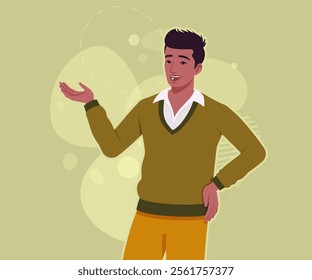 Handsome dark skin young businessman confident show pose. Guy in sweater modern casual look, authentic pakistani indian male model. Vector flat style cartoon illustration on creative background color