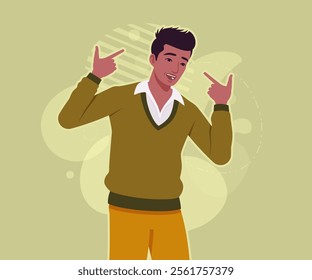 Handsome dark skin young businessman cute amuse pose fun. Guy in sweater modern casual look, authentic pakistani indian male model. Vector flat style cartoon illustration, creative background color