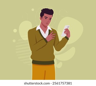 Handsome dark skin young businessman busy phone call pose. Guy in sweater modern casual look, authentic pakistani indian male model. Vector flat style cartoon illustration on creative background color