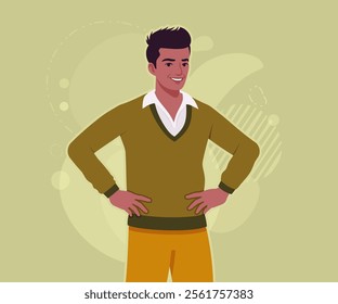 Handsome dark skin young businessman confident pose. Guy in sweater modern casual look, authentic pakistani indian male model. Vector flat style cartoon illustration on creative background color