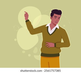 Handsome dark skin young businessman confident speaker pose. Guy in sweater modern casual look, authentic pakistani indian male model. Vector flat style cartoon illustration, creative background color