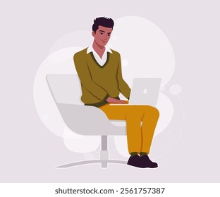 Handsome dark skin young businessman laptop work pose. Guy in sweater modern casual look, authentic pakistani indian male model. Vector flat style cartoon illustration on creative background color