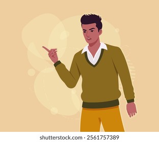 Handsome dark skin young businessman you blame pose. Guy in sweater modern casual look, authentic pakistani indian male model. Vector flat style cartoon illustration on creative background color