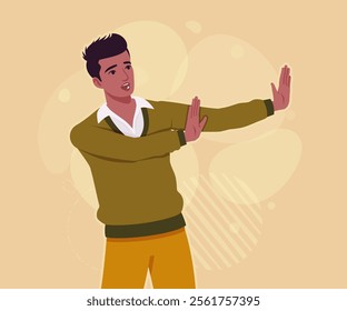 Handsome dark skin young businessman no, stop pose. Guy in sweater modern casual look, authentic pakistani indian male model. Vector flat style cartoon illustration on creative background color