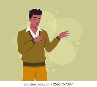 Handsome dark skin young businessman confident explain pose. Guy in sweater modern casual look, authentic pakistani indian male model. Vector flat style cartoon illustration, creative background color