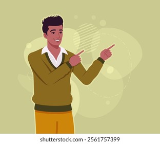 Handsome dark skin young businessman confident trainer pose. Guy in sweater modern casual look, authentic pakistani indian male model. Vector flat style cartoon illustration, creative background color