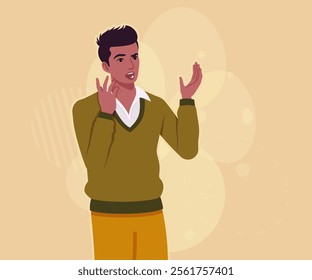 Handsome dark skin young businessman confident present pose. Guy in sweater modern casual look, authentic pakistani indian male model. Vector flat style cartoon illustration, creative background color