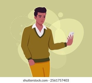 Handsome dark skin young businessman online phone call pose. Guy in sweater modern casual look, authentic pakistani indian male model. Vector flat style cartoon illustration, creative background color