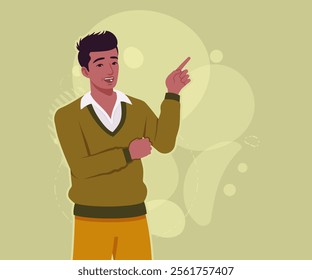 Handsome dark skin young businessman confident speech pose. Guy in sweater modern casual look, authentic pakistani indian male model. Vector flat style cartoon illustration, creative background color