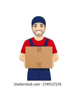 Handsome delivery man in overalls holding box smiling isolated vector illustration