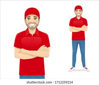 Handsome delivery man in red uniform standing with arms crossed isolated vector illustration