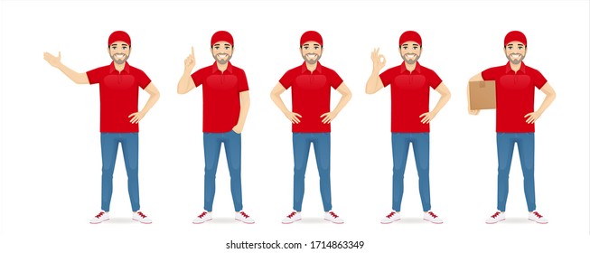 Handsome delivery man in red uniform standing in different poses set isolated vector illustration