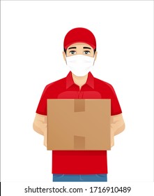 Handsome delivery man in red uniform with box wearing protective medical mask isolated vector illustration