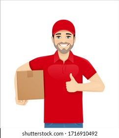 Handsome delivery man in red uniform showing thumb up with box isolated vector illustration