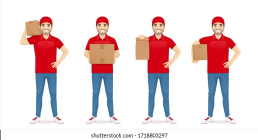 Handsome delivery man in red uniform standing in different poses with box and paper packet set isolated vector illustration