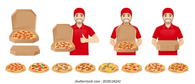 Handsome delivery man in red uniform in different poses holding showing pizza tasty set vector illustration isolated