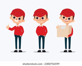 Handsome delivery man in red uniform standing in different poses set isolated vector illustration