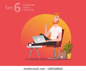 Handsome designer man is working at his laptop. Isolated modern office interior  on the background. Vector illustration. - Vector