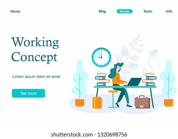 Handsome designer woman is working at her laptop. Isolated modern office interior on the background.  Vector illustration