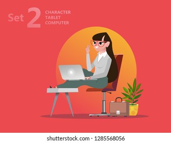 Handsome designer woman is working at his laptop. Isolated modern office interior  on the background. Vector illustration. - Vector