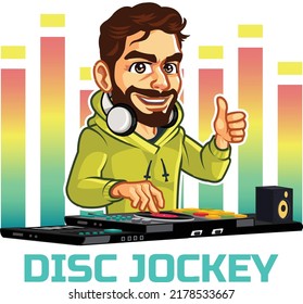 Handsome DJ Disc Jockey Man with Beard Showing Thumb Up and Play Music