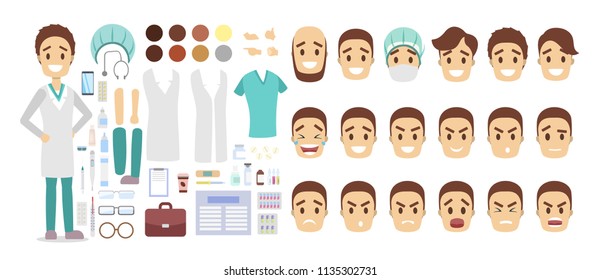 Handsome doctor character set for animation with various views, hairstyles, emotions, poses and gestures. Medical equipment such as syringe and stethoscope. Isolated vector illustration